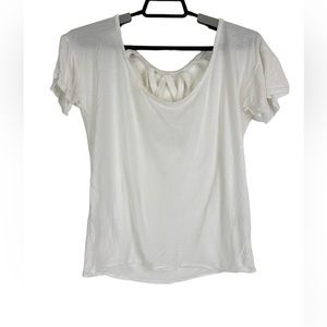 Piper Project Top Womens Medium Knit Cutout Back Sheer White Shirt Short Sleeve